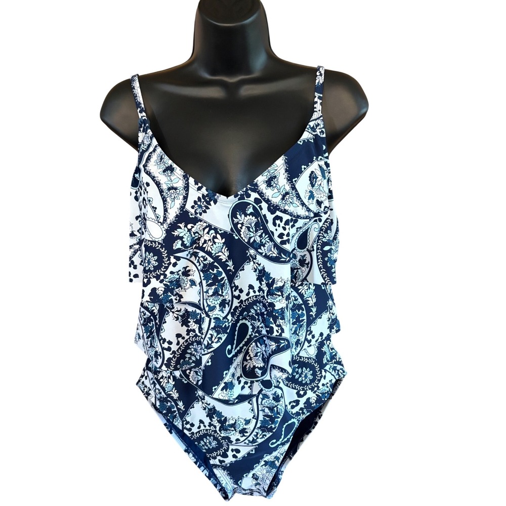 Ellen Tracy Womens Navy Blue Paisley Tiered Ruffle One Piece Swimsuit Size 8